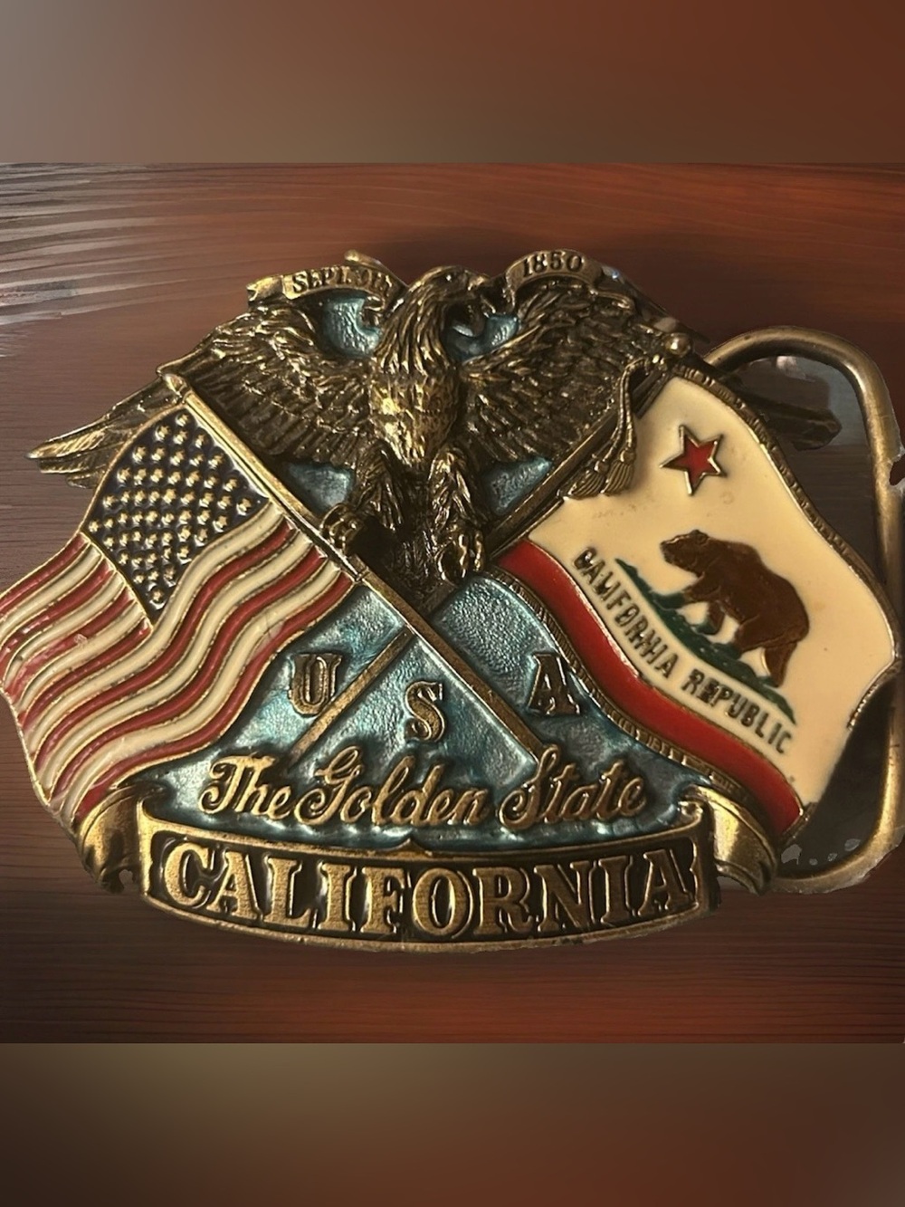 Vintage California Bear State USA Flag Eagle Brass Enamel Belt Buckle Patriotic